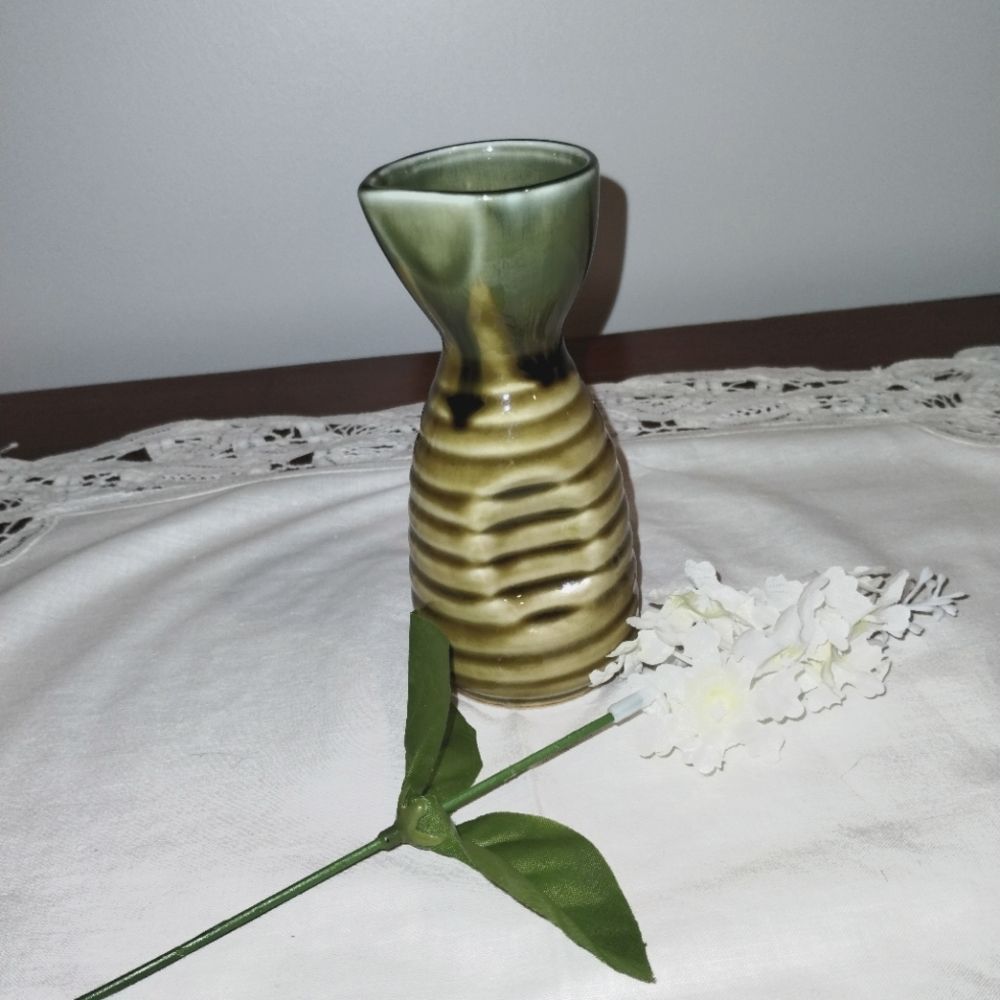 Japanese Sake Bottle, Hand made Pottery Ceramic Vase colors of green